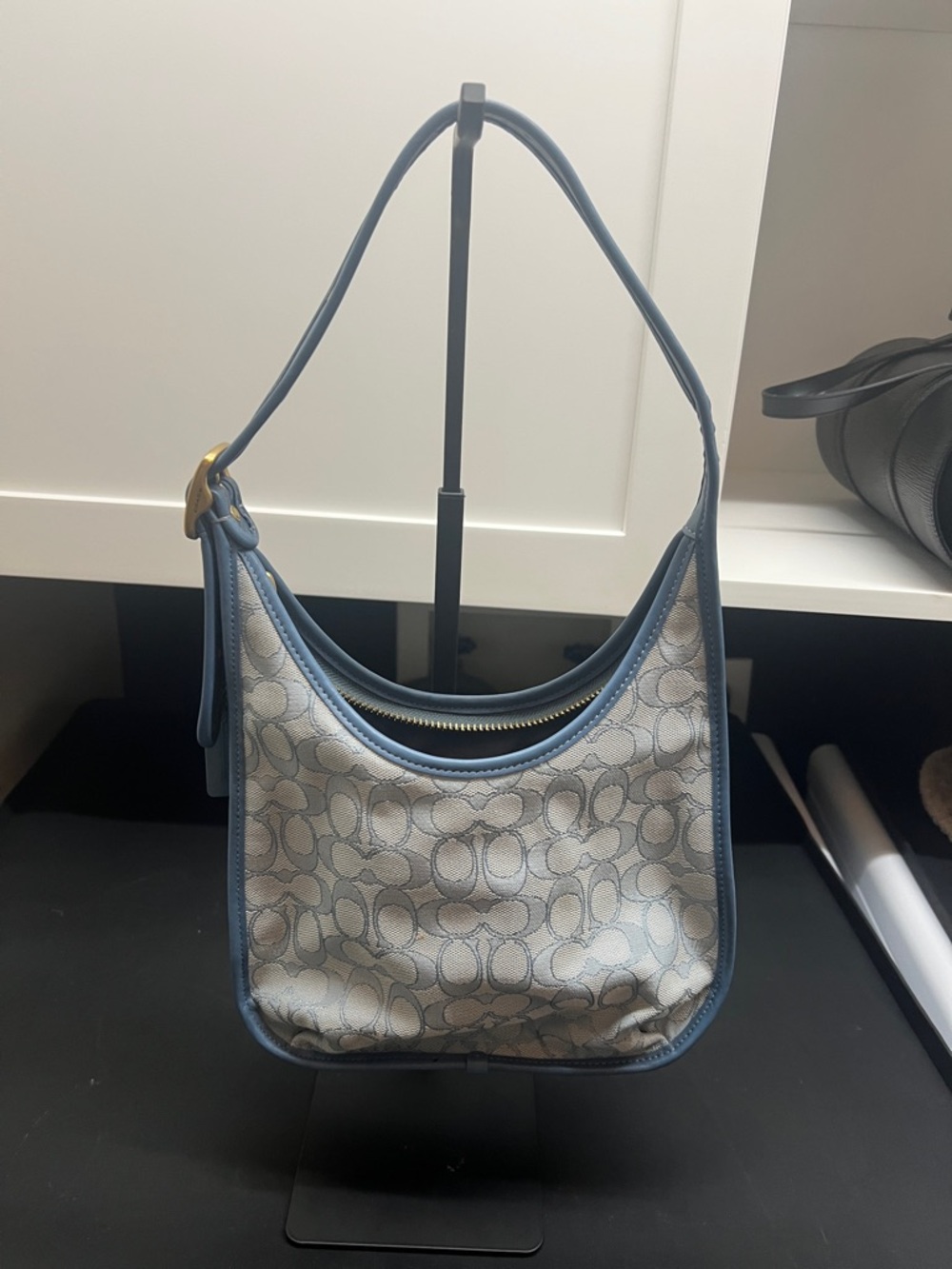 Coach Monogram Shoulder Bag in Light Blue and Cream - Picture 3 of 7